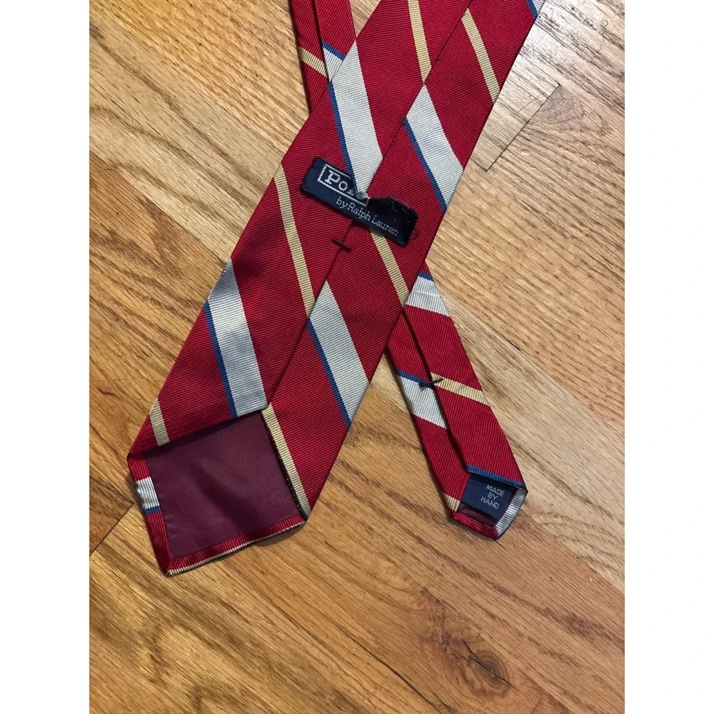 Polo By Ralph Lauren Mens Red Striped Silk Tie Classic Necktie Made In USA